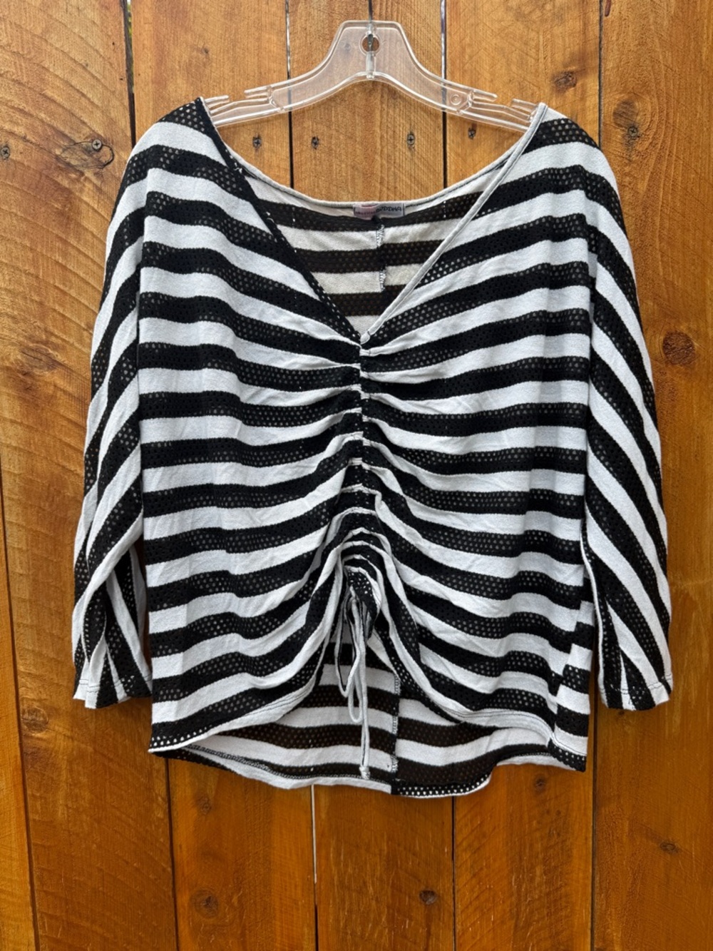 American Buddha Striped Ruched Front Mesh Batwing Top - Black & White - Medium